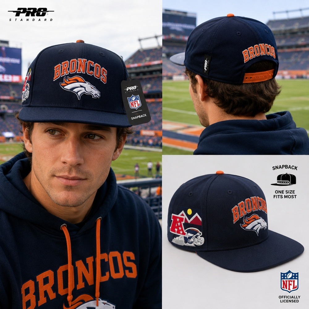 Pro Standard Denver Broncos NFL Snapback Hat Navy Blue Orange Leather Button NWT